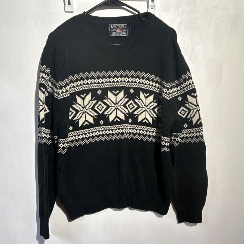 American Living Fair Isle Cotton Sweater Black White Pullover Men's Size L